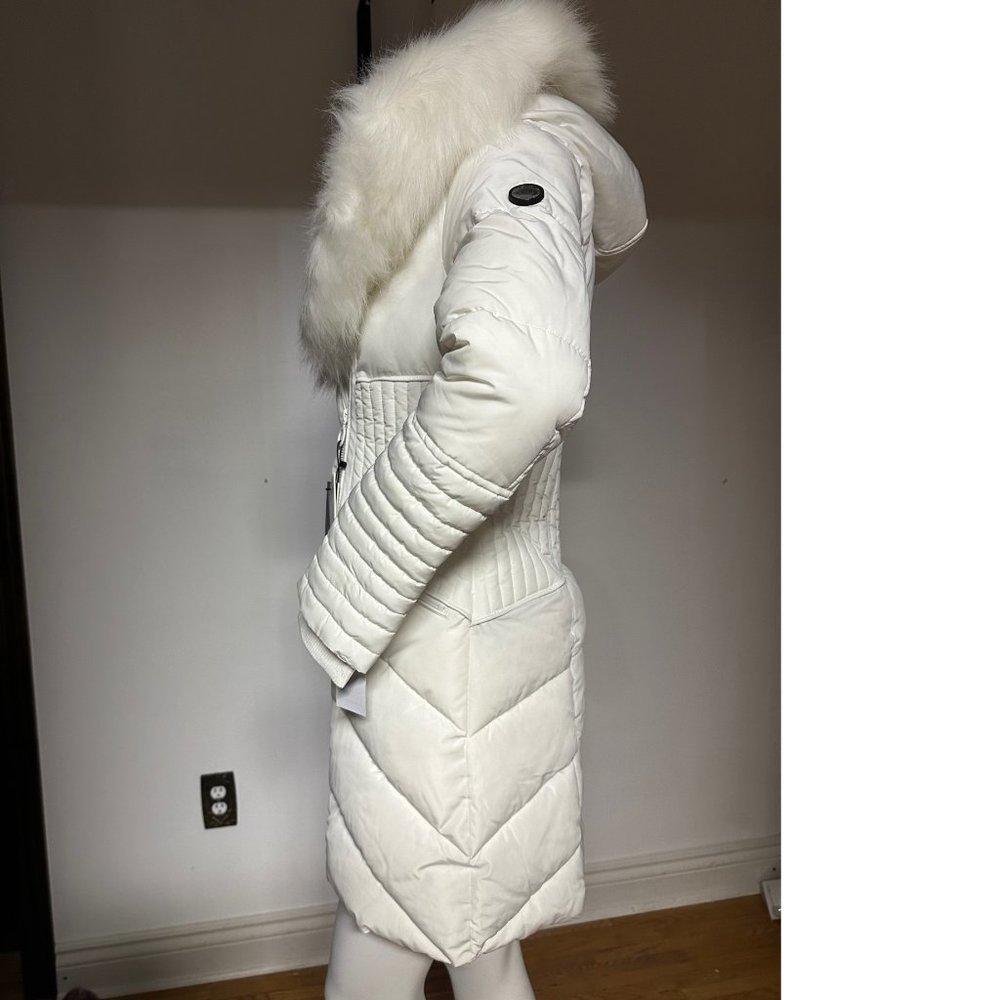 NWT Winter Faux Fur-Trimmed Vegan Leather Hooded Parka White Puffer Jacket Coat - Picture 9 of 10